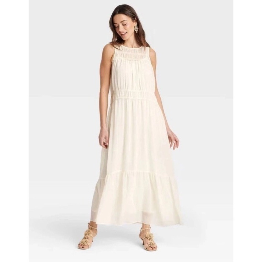 NEW A New Day Women's Sheer Chiffon Maxi Dress Cream Size XL